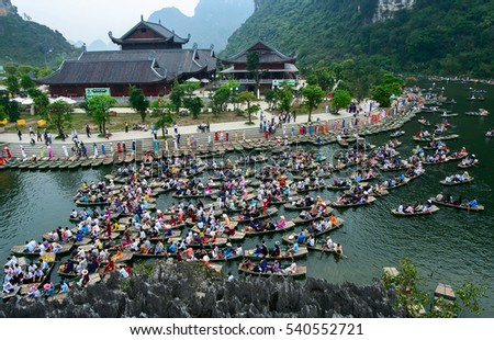 Ninh Binh, Vietnam, June 23, 2015 Ecotourism Zone, Trang An Ninh Binh. recognized world natural heritage. many tourists sailing tour