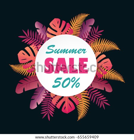 Sale banner or poster with palm leaves. Trendy Summer Tropical Leaves. Vector tropical background with exotic palm leaves and plants.