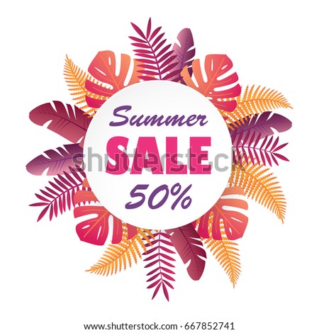 Sale banner or poster with palm leaves. Trendy Summer Tropical Leaves. Vector tropical background with exotic palm leaves and plants.
