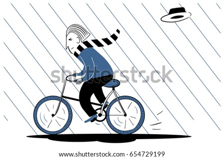 The man is riding a bicycle in the rain. The wind took the hat off. Vector illustration.