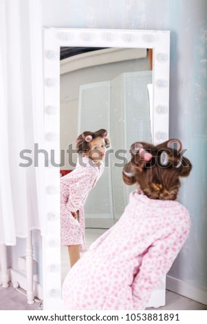 Small Child Looks Mirror Curlers Concept Stock Photo 