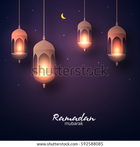 Beautiful hanging shiny lanterns on dark background, Wallpaper design on the occasion of Muslim's Holy Month Ramadan Kareem.