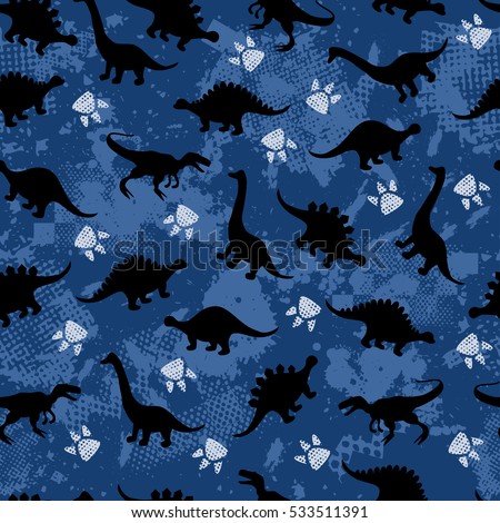 Cute kids pattern for girls and boys. Colorful dinosaurs on the abstract grunge background create a fun cartoon drawing. The background is made in neon colors. Urban backdrop for textile and fabric.