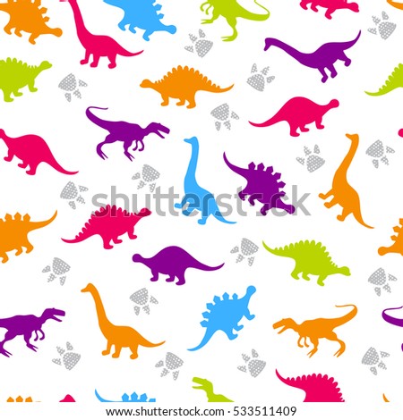 Cute kids pattern for girls and boys. Colorful dinosaurs on the abstract grunge background create a fun cartoon drawing. The background is made in neon colors. Urban backdrop for textile and fabric.