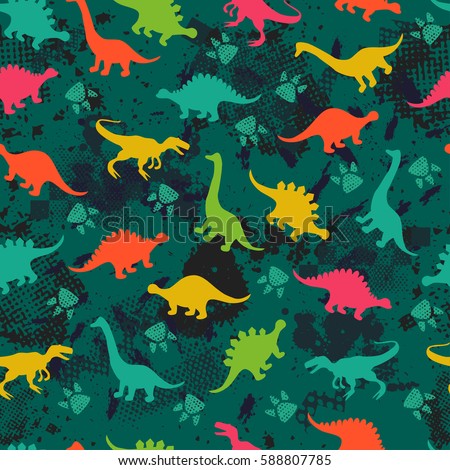 Cute kids pattern for girls and boys. Colorful dinosaurs on the abstract grunge background create a fun cartoon drawing. Urban backdrop for textile and fabric.