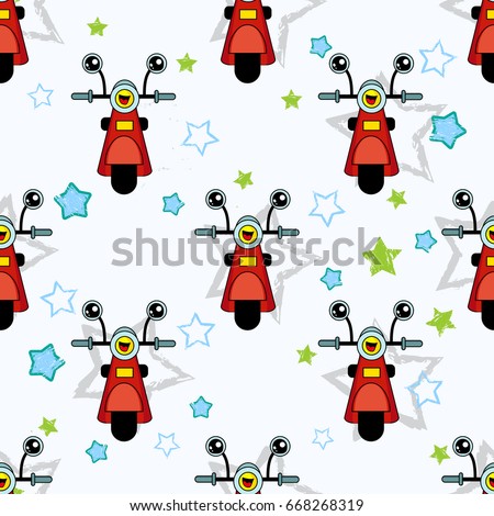 Cute kids pattern for girls and boys. Colorful motorcycle, scooter on the abstract bright background create a fun cartoon drawing.The background is made in colors.Urban backdrop for textile and fabric