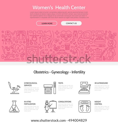 Modern vector line icon of pregnancy, fertility, obstetrics. Women health center. Gynecology element: chair, check up, doctor, ultrasound, baby, pregnant. Linear medical template for brochure, poster.
