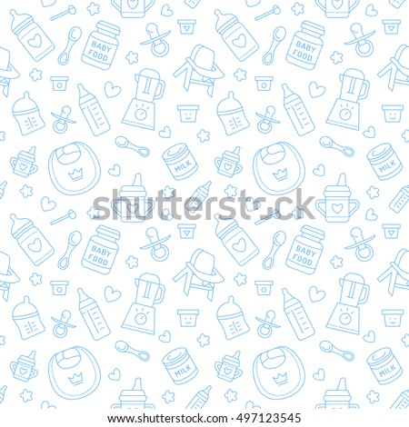 Seamless pattern baby food, pastel color, vector illustration. Infant feeding thin line icons. Cute repeated blue texture, baby item for packaging, baby shower card, fabric. Birthday invitation design