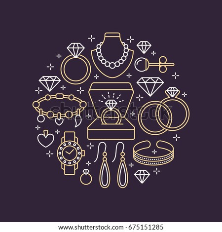 Jewelry shop, diamond accessories banner illustration. Vector line icon of jewels - gold watches, engagement rings, gem earrings, silver necklaces, charms, brilliants. Fashion store circle template.