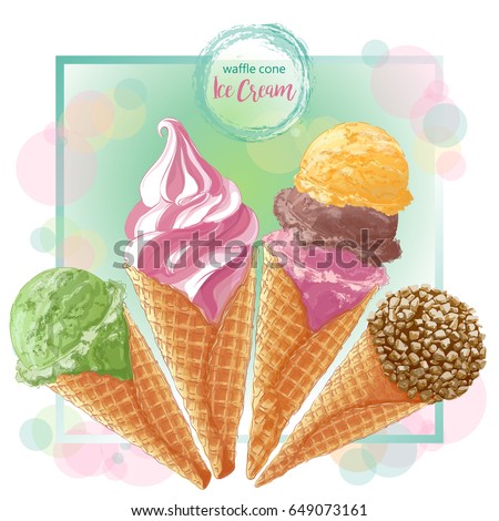 Set of watercolor ice creams in waffle cones. Vector illustration. Isolated objects on a white background