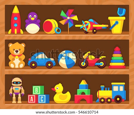 Kids toys on wood shop shelves.