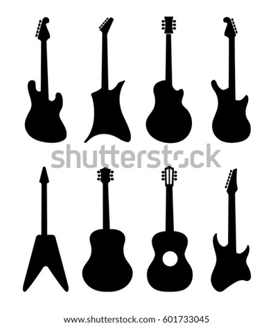 Guitar vector silhouettes. Rock, acoustic, electric guitars. Black silhouette of rock guitar, illustration of music string guitars