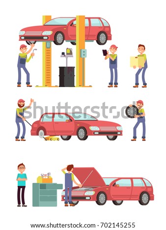 Car repair auto service with mechanic characters in uniform vector set. Mechanic repair car, automobile maintenance illustration
