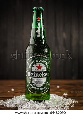 Gomel.Belarus - May 18.2017. Heineken Lager Beer (Dutch: Heineken), or simply Heineken, is a pale lager beer with 5% alcohol by volume produced by the Dutch brewing company Heineken International.