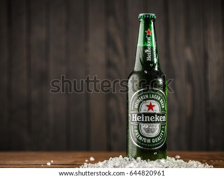 Gomel.Belarus - May 18.2017. Heineken Lager Beer (Dutch: Heineken), or simply Heineken, is a pale lager beer with 5% alcohol by volume produced by the Dutch brewing company Heineken International.
