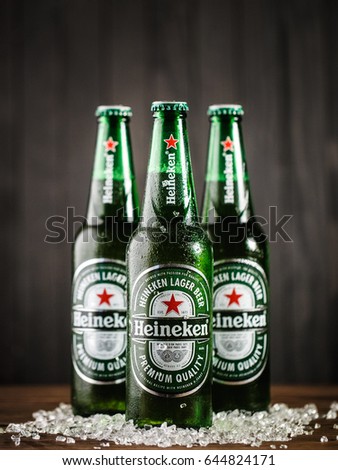 Gomel.Belarus - May 18.2017. Heineken Lager Beer (Dutch: Heineken), or simply Heineken, is a pale lager beer with 5% alcohol by volume produced by the Dutch brewing company Heineken International.