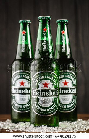 Gomel.Belarus - May 18.2017. Heineken Lager Beer (Dutch: Heineken), or simply Heineken, is a pale lager beer with 5% alcohol by volume produced by the Dutch brewing company Heineken International.