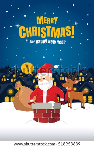 Santa Claus Stuck In The Chimney On Snow Roof. Christmas Cartoon Vector Illustration.