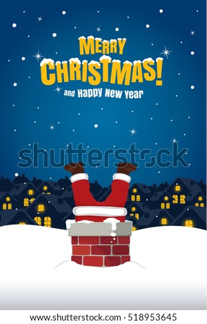 Santa Claus Stuck In The Chimney On Snow Roof. Christmas Cartoon Vector Illustration.