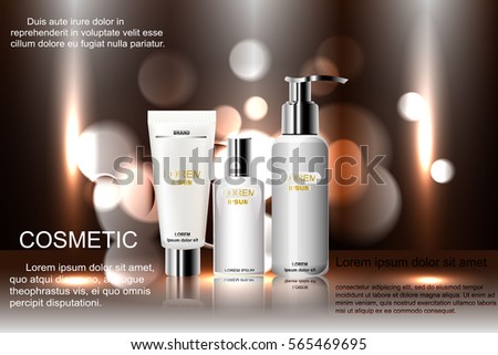 Exquisite cosmetic ads template, blank cosmetic mockup with sparkling bokeh background and dazzling effect, cosmetic spray bottle, tube. 3D illustration.