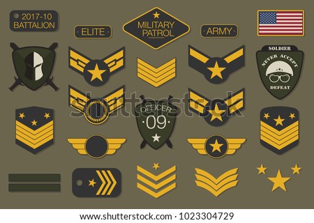 Military badges and army patches typography. Military embroidery chevron and pin design for t-shirt graphic. Vector