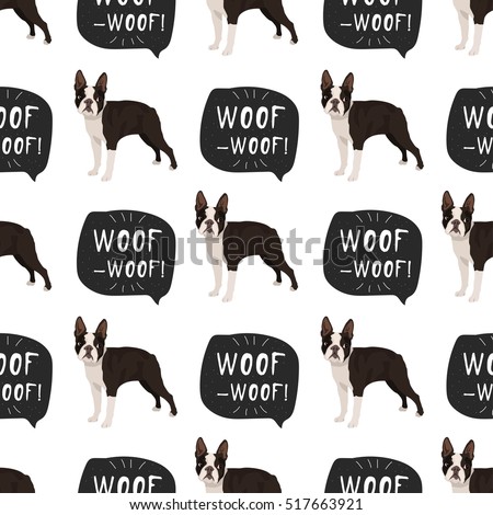 Dog boston terrier seamless pattern colorful with hand drawn banner woof-woof