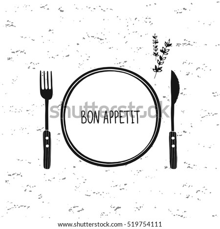 Cutlery vector set. Plate, fork and knife icon. Restaurant cafe design. Bon appetit. Doodle sketch tableware, dishes, dinnerware, utensils. Black and white hand drawn vector illustration. Isolated