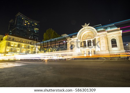 HO CHI MINH CITY, VIET NAM - FEB 24, 2017: Municipal Theatre of Ho Chi Minh City at night, Sai Gon, Viet Nam.