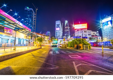 HO CHI MINH, VIET NAM - MAR 11, 2017: Bus station at night, Sai Gon, Viet Nam.