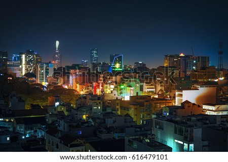 Ho Chi Minh city, Viet Nam - Apr 07, 2017: Ho Chi Minh cty skyline at night, Sai Gon, Viet Nam.