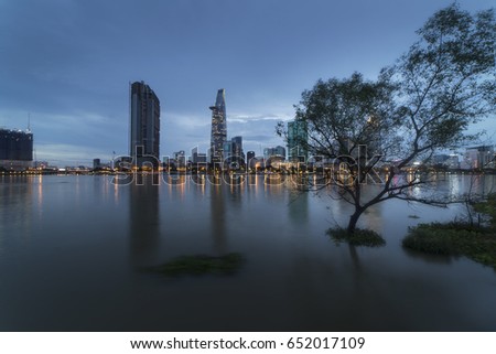 HO CHI MINH CITY, VIET NAM - JUNE 02, 2017: Ho Chi Minh city at night after the rain, Sai Gon, Viet Nam.