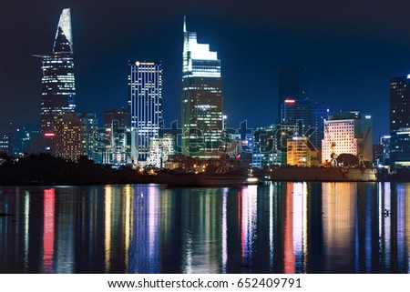 HO CHI MINH CITY, VIET NAM - JUNE 03, 2017: Ho Chi Minh city at night, Sai Gon, Viet Nam. View from Thu Thiem tunel to Bitexco tower and many other buidings.