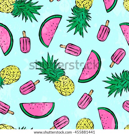 Tropical summer print for t-shirt, apparel, textile or wrapping. Pattern with melons, pineapples and popsicles in various colors. Vector is seamless and repeatable, painted effect is easily removed.