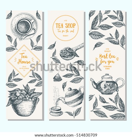 Tea shop banner set. Vertical banner collection for tea design. Linear graphic. Vector illustration.