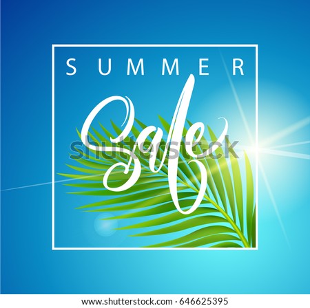 Sale banner, poster with palm leaves handwriting lettering. Floral tropical summer background. Vector illustration