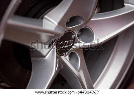 Vinnitsa, Ukraine - May 14, 2017. Audi A5 Sportback car.Front of the car, logo Audi,diesel,quattro system, sportcar, luxury car,sport sedan, modern car. Presentation- Audi A5 Sportback