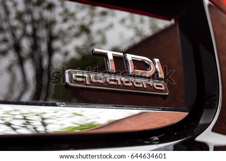 Vinnitsa, Ukraine - May 14, 2017. Audi A6.Front of the car, logo Audi,diesel,TFSI engine, quattro system, sportcar, luxury car, sedan,modern car. Presentation of the new model car- Audi 6