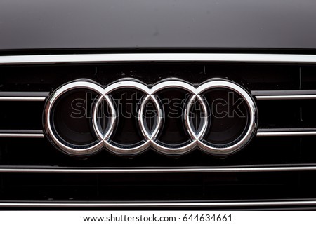Vinnitsa, Ukraine - May 14, 2017. Audi A6.Front of the car, logo Audi,diesel,TFSI engine, quattro system, sportcar, luxury car, sedan,modern car. Presentation of the new model car- Audi 6