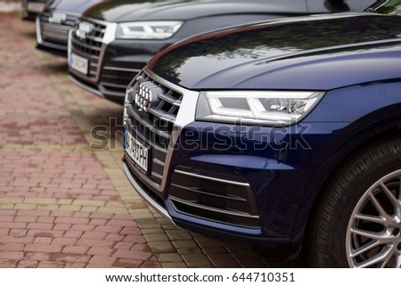 Vinnitsa, Ukraine - May 14, 2017. Audi Q5.Front of the car, logo Audi,diesel,TFSI engine, quattro system, luxury car, modern car. Presentation of the new model car- Audi Q5