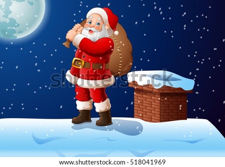 Cartoon Santa claus standing on the roof top carrying a big bag