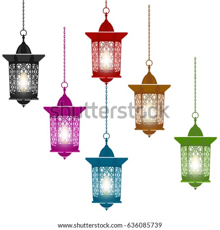 Ramadan Kareem. Six multicolored lanterns in oriental style hang on chains. Isolated on white background. Vector illustration