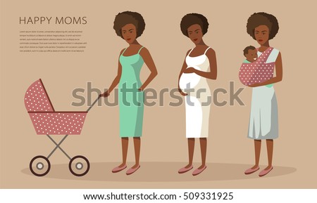 Young african american woman walking with her child in a pram, a woman carrying a child in a baby sling and a pregnant woman. Modern flat style vector illustration isolated on beige background.