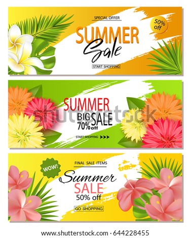 Set of summer sale banner templates with realistic vector tropical leaves and beautiful flowers. Wallpaper,flyers, invitation, posters, brochure, voucher discount. Vector illustration