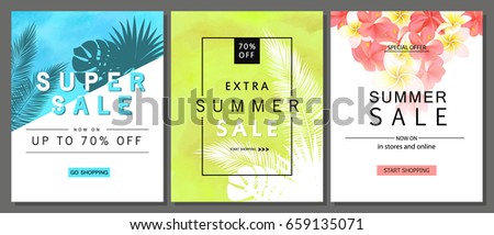 Set of summer sale banner templates with tropical leaves and beautiful flowers. Wallpaper,flyers, invitation, posters, brochure, voucher discount. Vector illustration