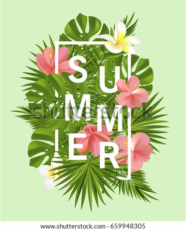 Trendy summer card, banner, poster with tropical flowers, plants and leaves . Vector illustration.