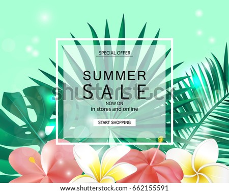 Summer sale banner, poster with tropical plants, leaves and flowers. Vector illustration.