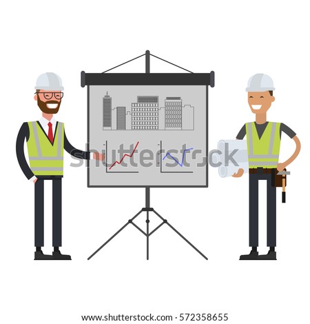 Construction workers team and Engineer in hard hats. Vector illustration flat