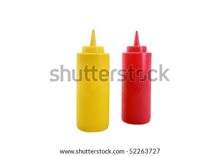 mustard and ketchup squirt bottles isolated on white - stock photo