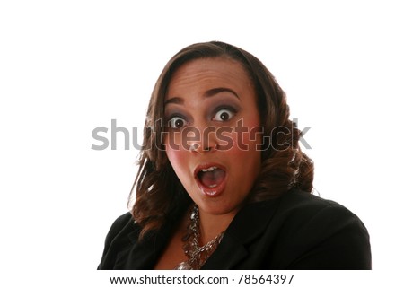 A beautiful african american woman is SHOCKED at something she sees. Isolated on white with room for your text