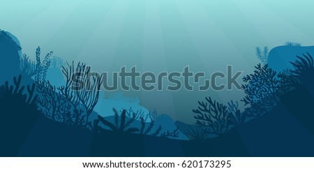 a beautiful underwater scene; a vector seascape with reef; a marine sea bottom silhouette with seaweed, algae and coral; hand drawn realistic ocean background